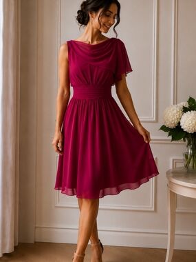 Elegant Fuchsia Chiffon Prom Graduation Wedding Guest Cocktail Midi Dress